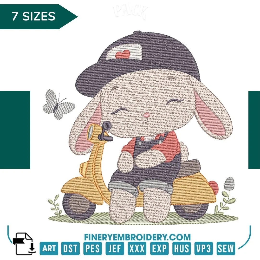 Cool Bunny on Scooter Embroidery Design - 7 Sizes | FineryEmbroidery