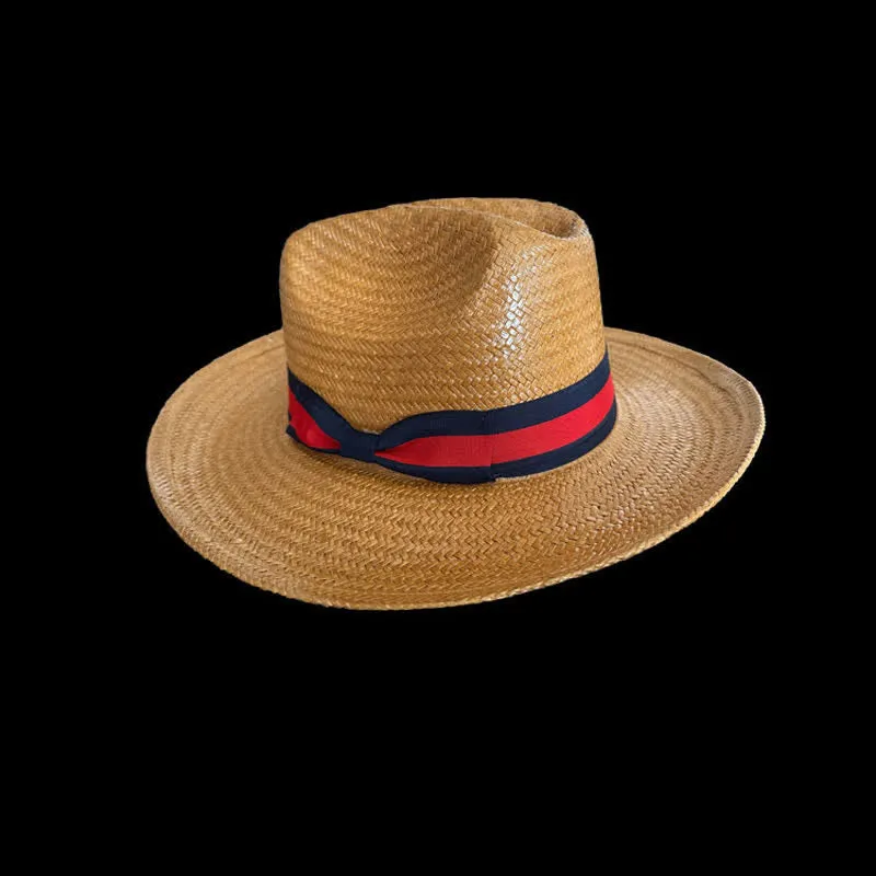 Decorative Red & Navy Ribbon Cowboy Weave Straw Hat