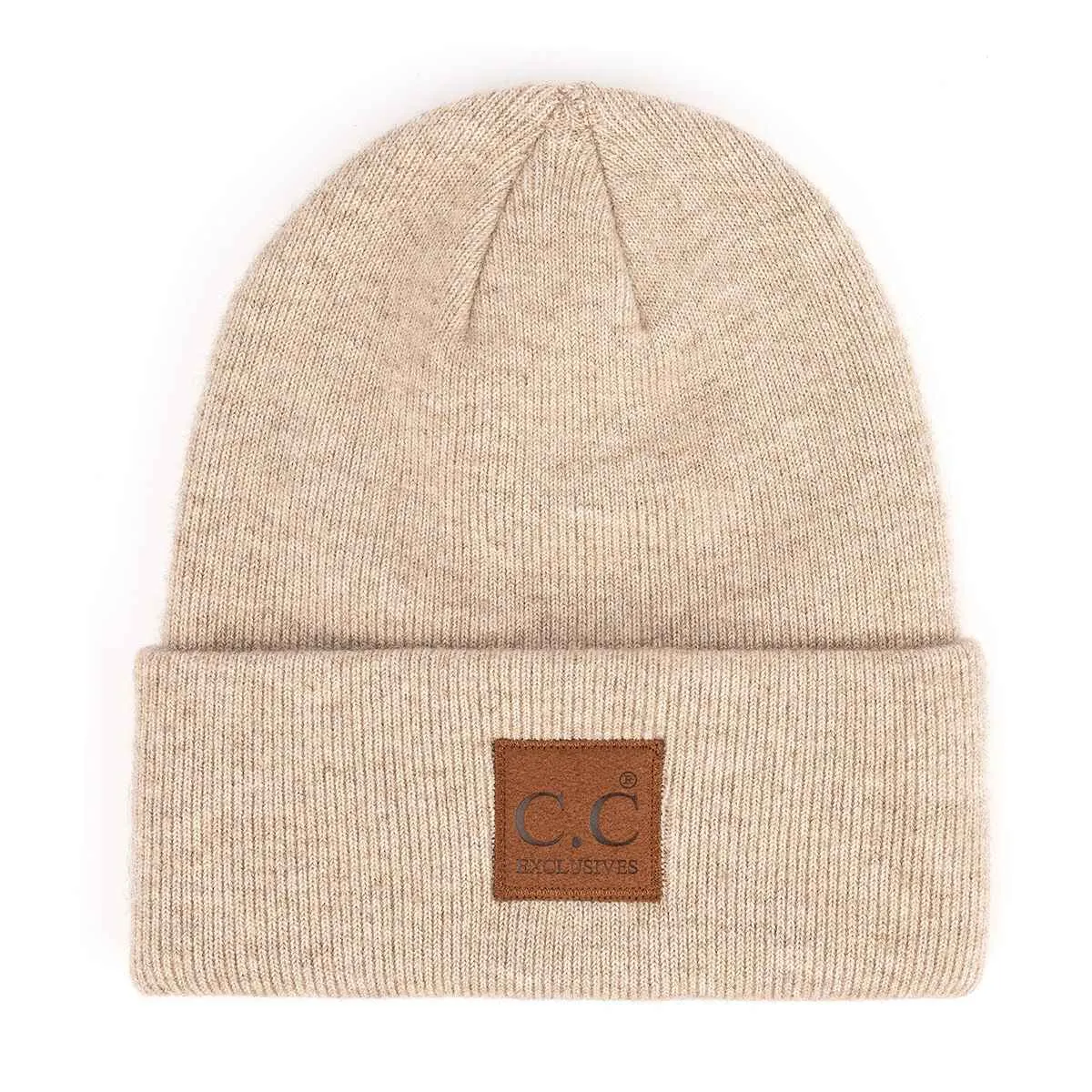 HTM9021 Unisex Soft Ribbed Leather Patch Beanie