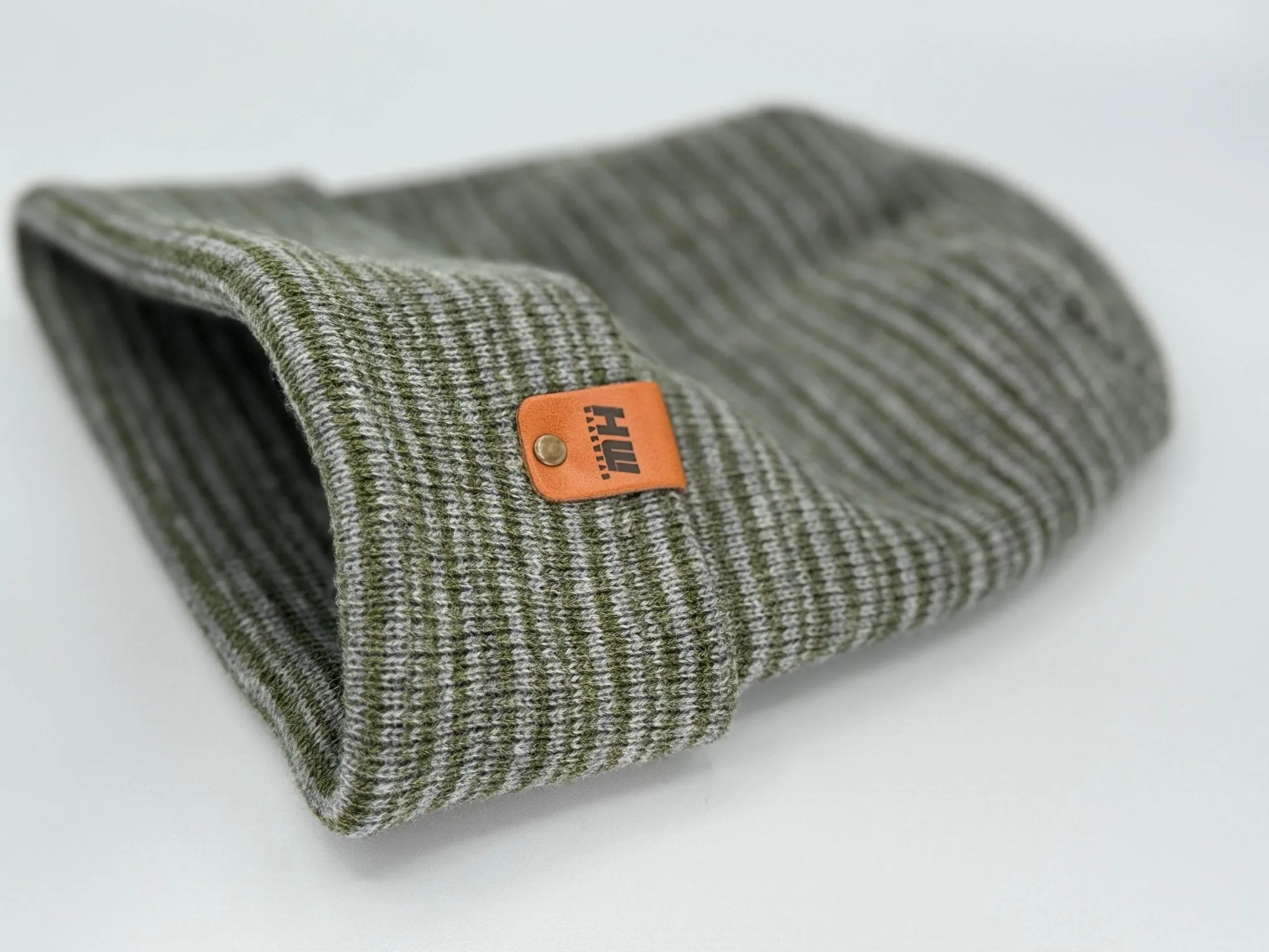 HW6101 Modern Theta Stitch Contrast Cuffed Beanie (Patent Pending Design)-Gray/Green, Made in USA