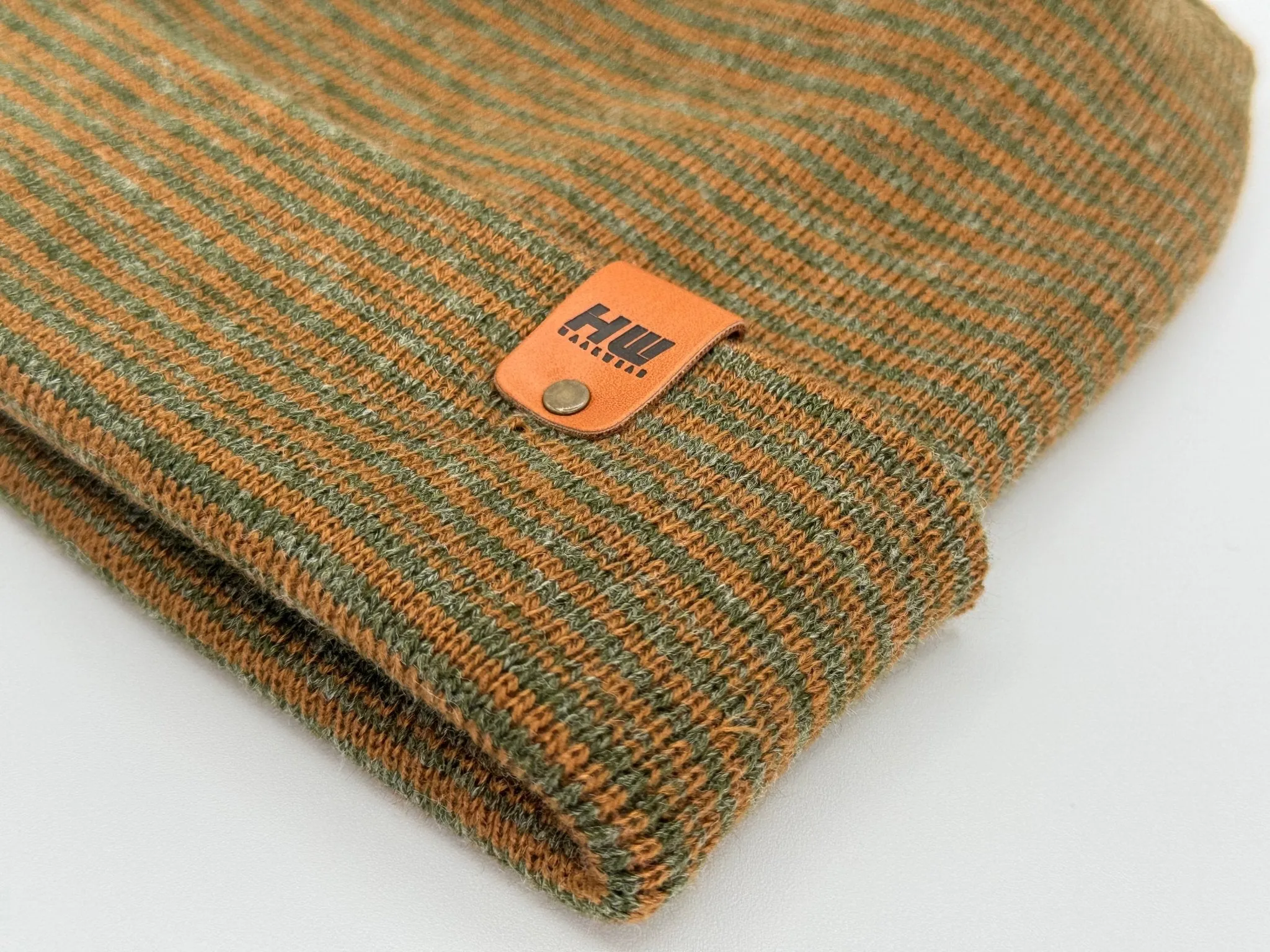 HW6101 Modern Theta Stitch Contrast Cuffed Beanie (Patent Pending Design)-Green/Brown, Made in USA