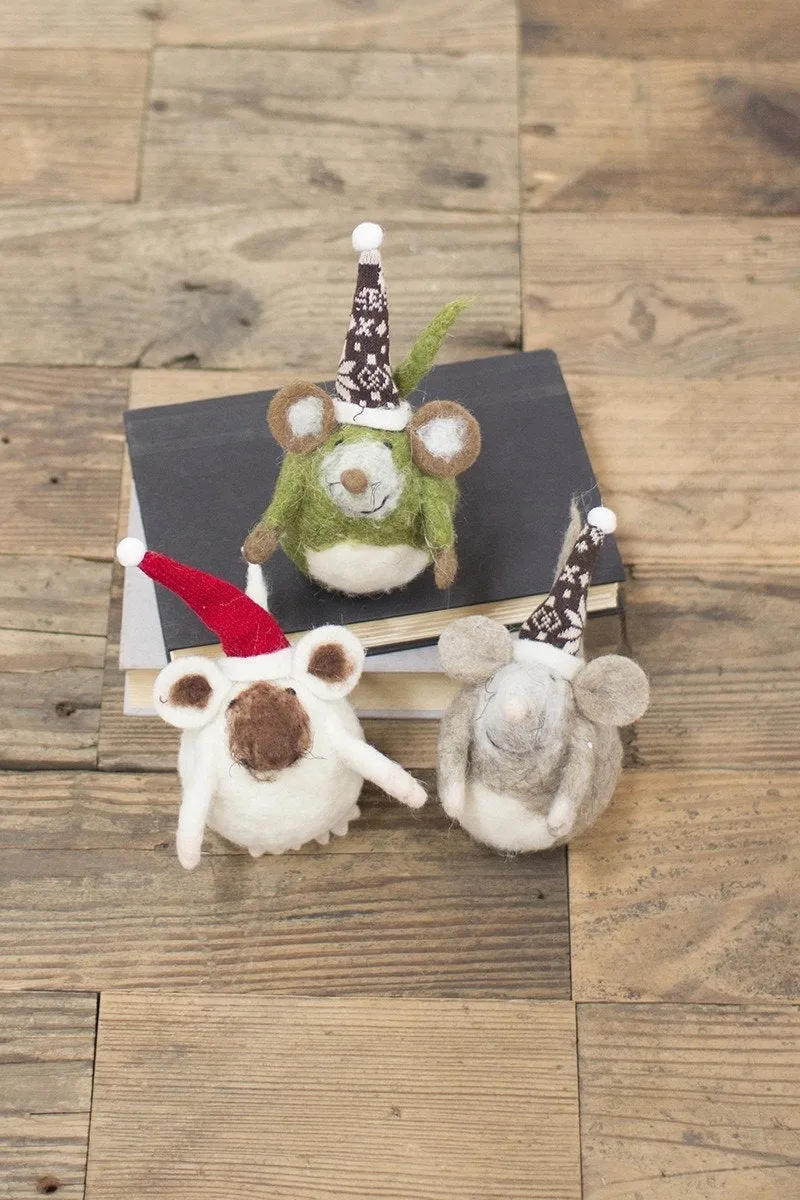 Kalalou Felt Mice With Christmas Hats - Set Of 3