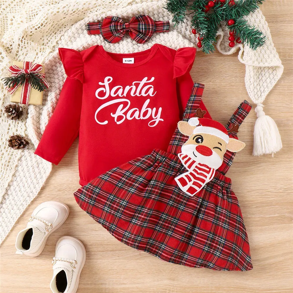 Newborn Infant Baby Girls Christmas Clothes Outfits Letter Print Romper Cartoon Deer Plaid Skirts Headwear Xmas Gifts Costume