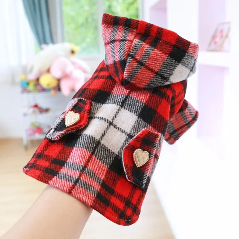 Pet Clothes Dog Cat Autumn and Winter Thickened Warm Red Plaid Hat Coat Windbreaker Suitable for Small and Medium sized Dogs 1PC