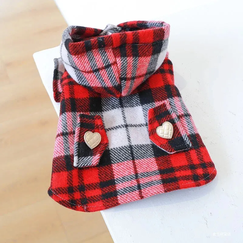 Pet Clothes Dog Cat Autumn and Winter Thickened Warm Red Plaid Hat Coat Windbreaker Suitable for Small and Medium sized Dogs 1PC