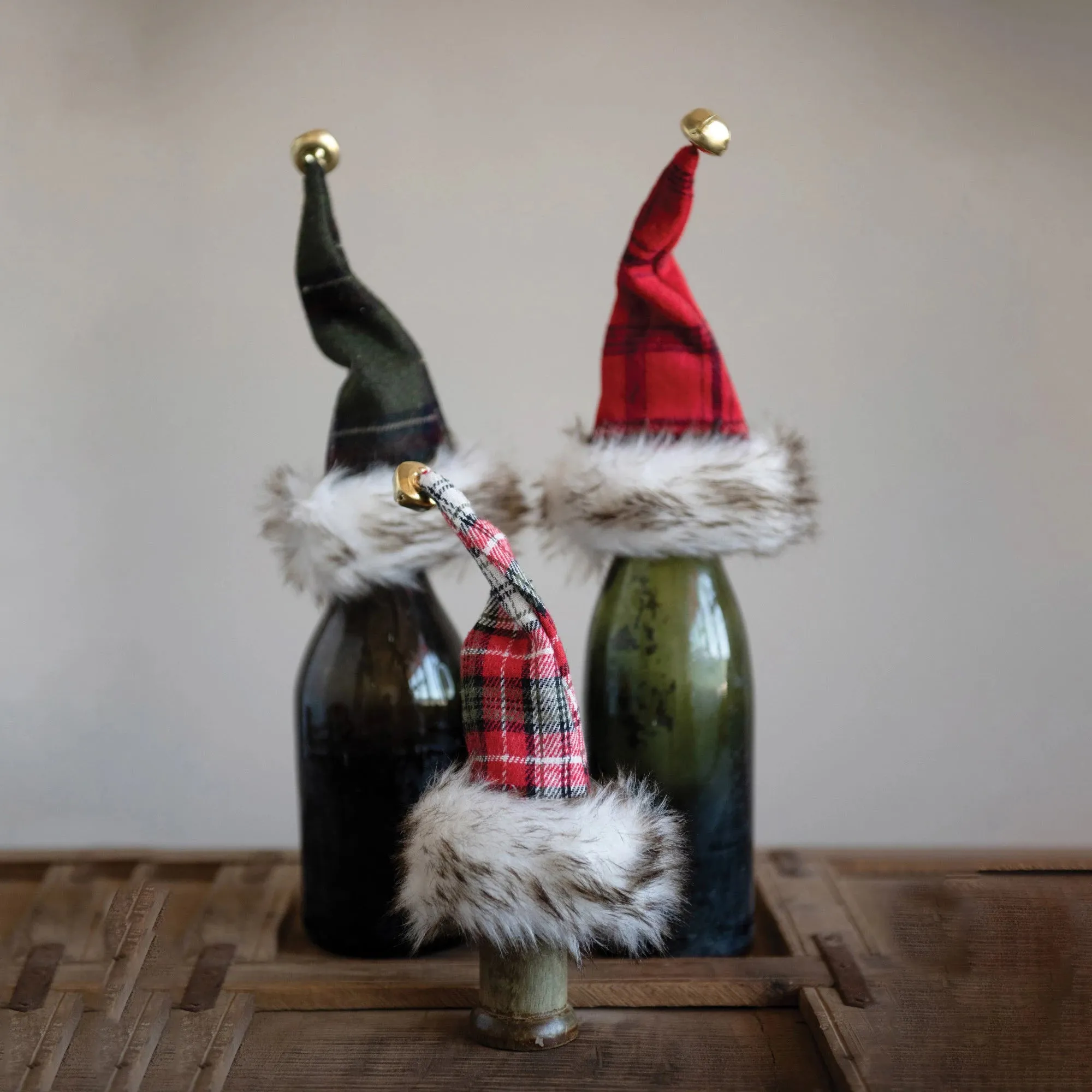 Plaid Hat Bottle Topper with Faux Fur Trim