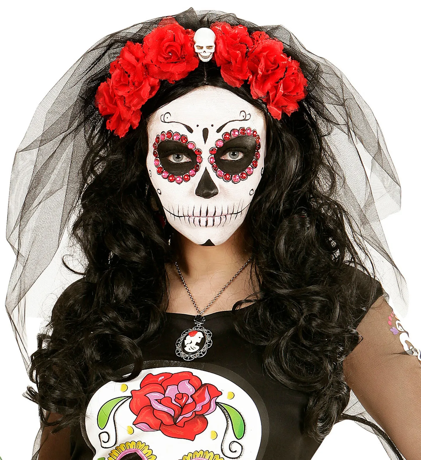 Red Roses Headpiece Skull & Veil