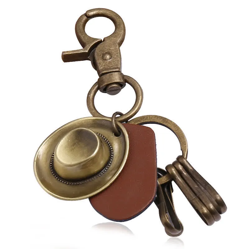 Retro Ancient Bronze Cowboy Hat Leather Keychain