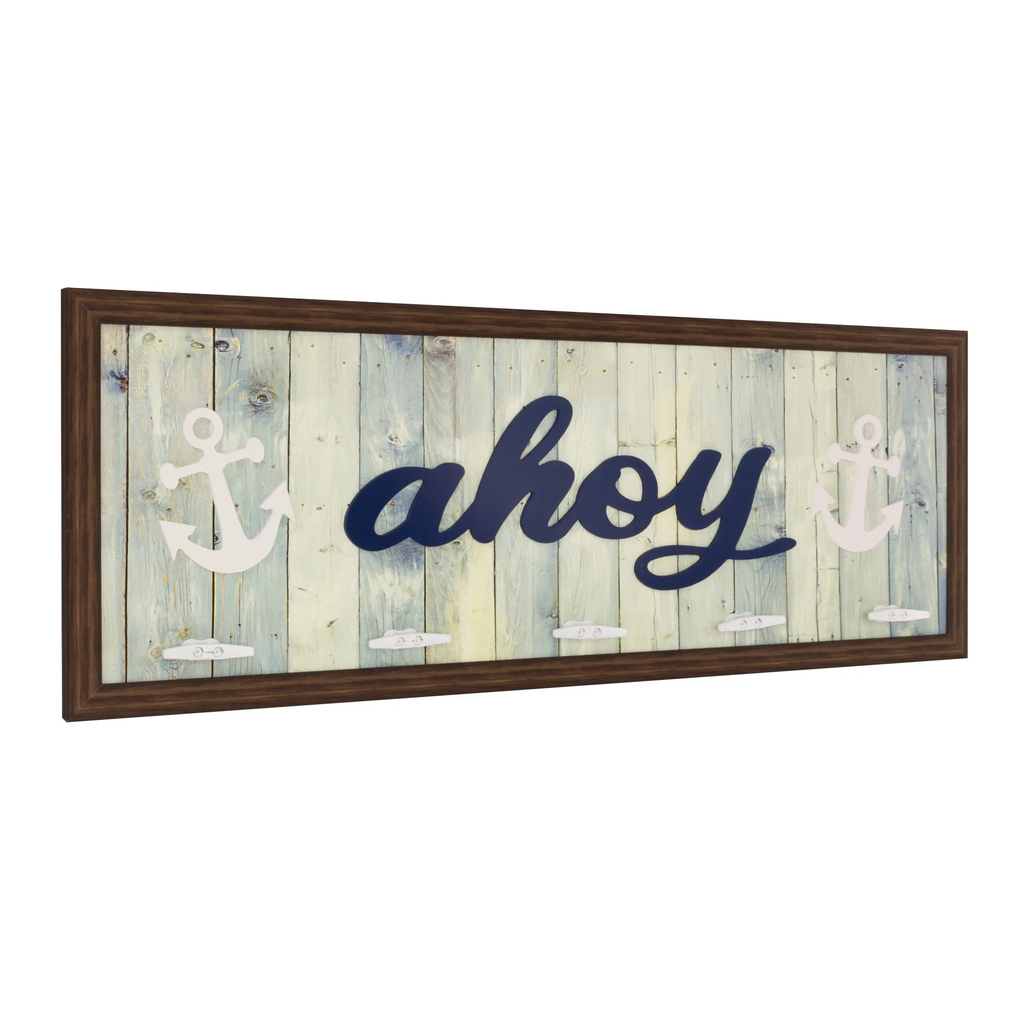 Rustic Coastal "Ahoy" Framed Coat Rack, 5 Hooks