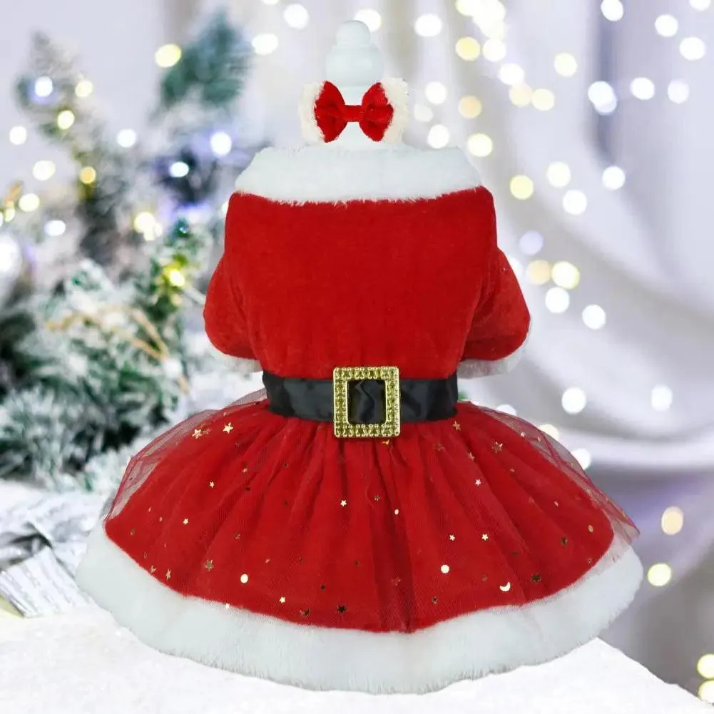 Shiny Mesh Glitter Santa Pet Dress with Hairband