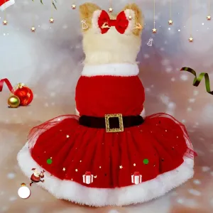 Shiny Mesh Glitter Santa Pet Dress with Hairband