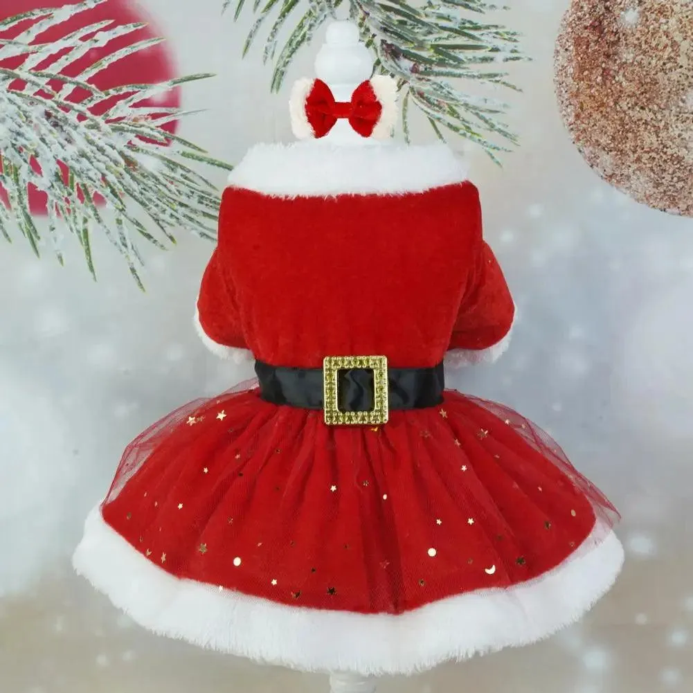 Shiny Mesh Glitter Santa Pet Dress with Hairband