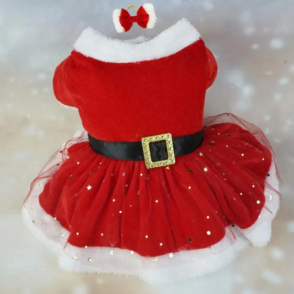 Shiny Mesh Glitter Santa Pet Dress with Hairband